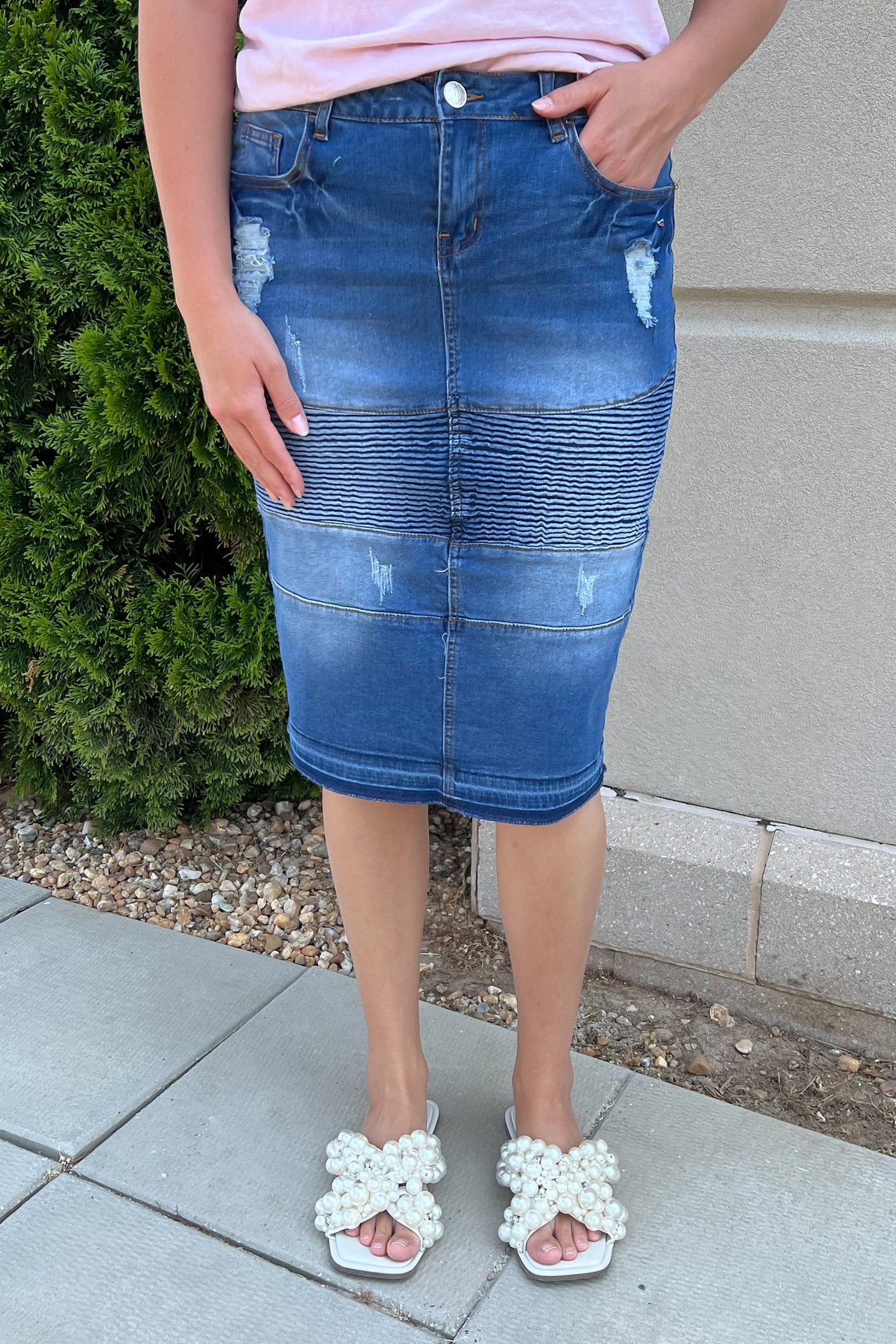 Dakotah Distressed Moto Denim Skirt in Indigo (FINAL SALE)