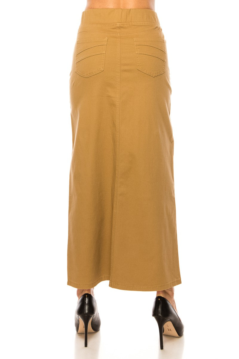 Jessie Classic Waistband Long Denim Skirt in Khaki