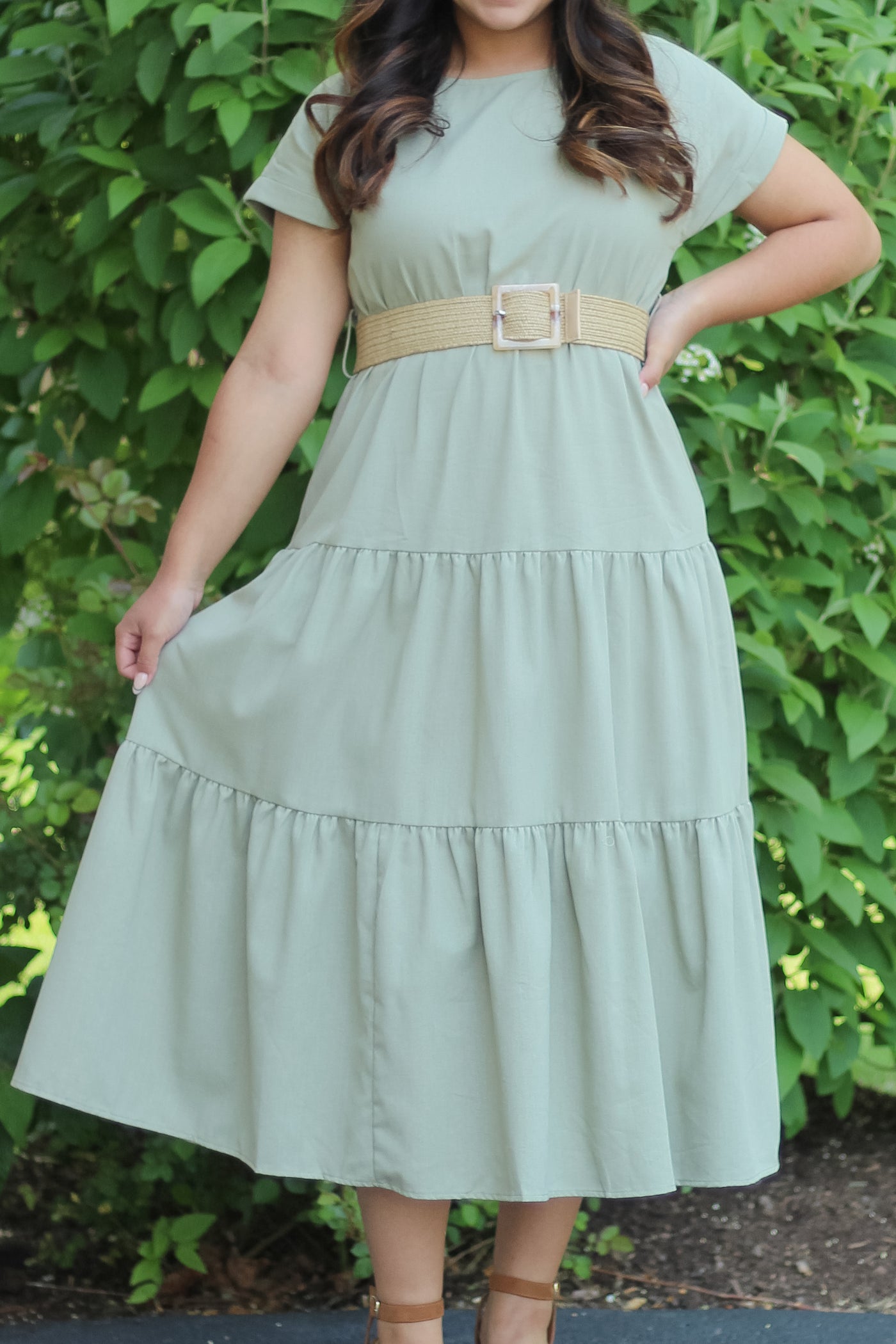 The Indie Front Belted Tiered Maxi Dress in Olive