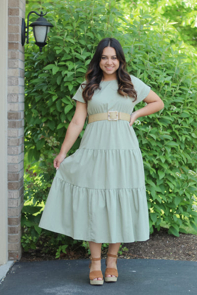 The Indie Front Belted Tiered Maxi Dress in Olive