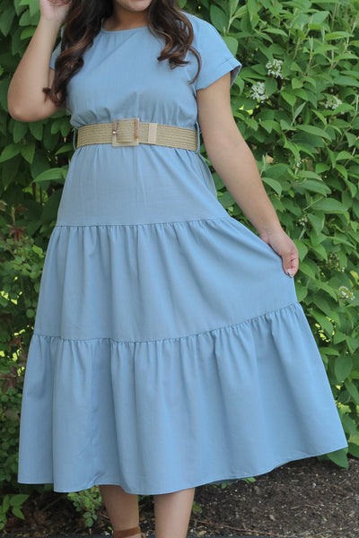 The Indie Front Belted Tiered Maxi Dress in Dusty Blue