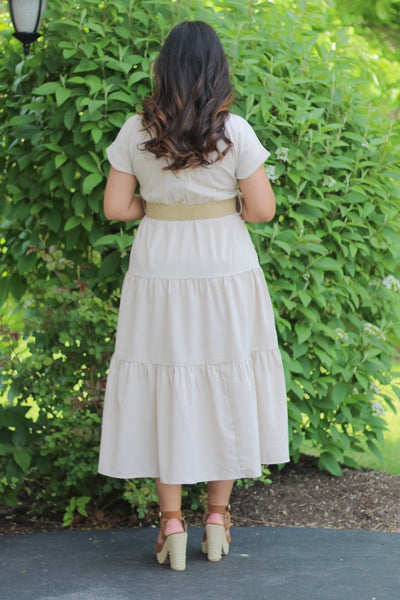 The Indie Front Belted Tiered Maxi Dress in Khaki (FINAL SALE)