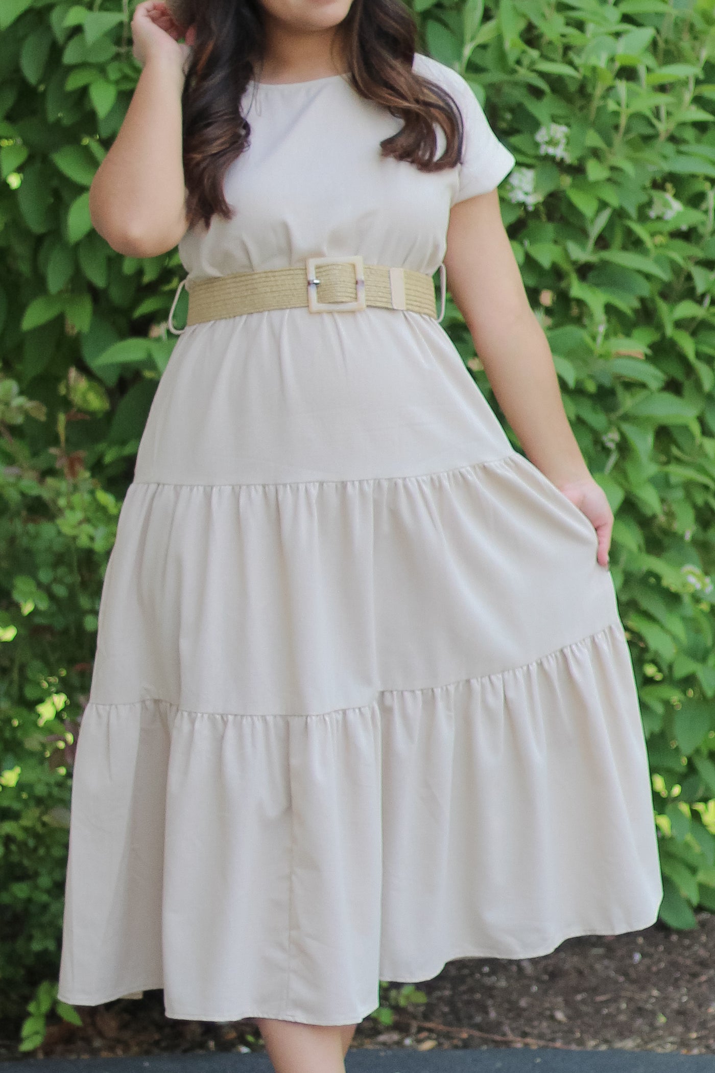 The Indie Front Belted Tiered Maxi Dress in Khaki