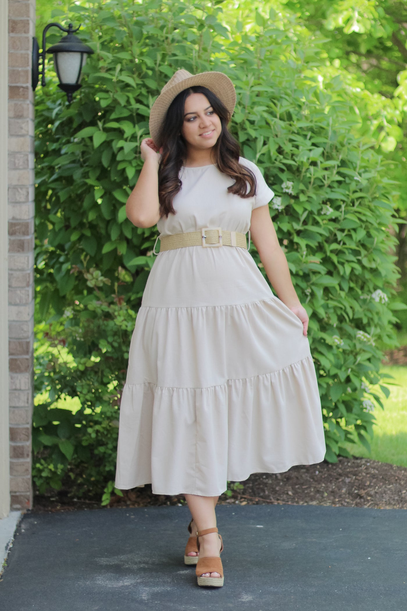 The Indie Front Belted Tiered Maxi Dress in Khaki (FINAL SALE)