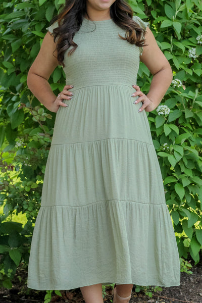 The Hayes Smocked Flutter Sleeve Dress in Olive (FINAL SALE)