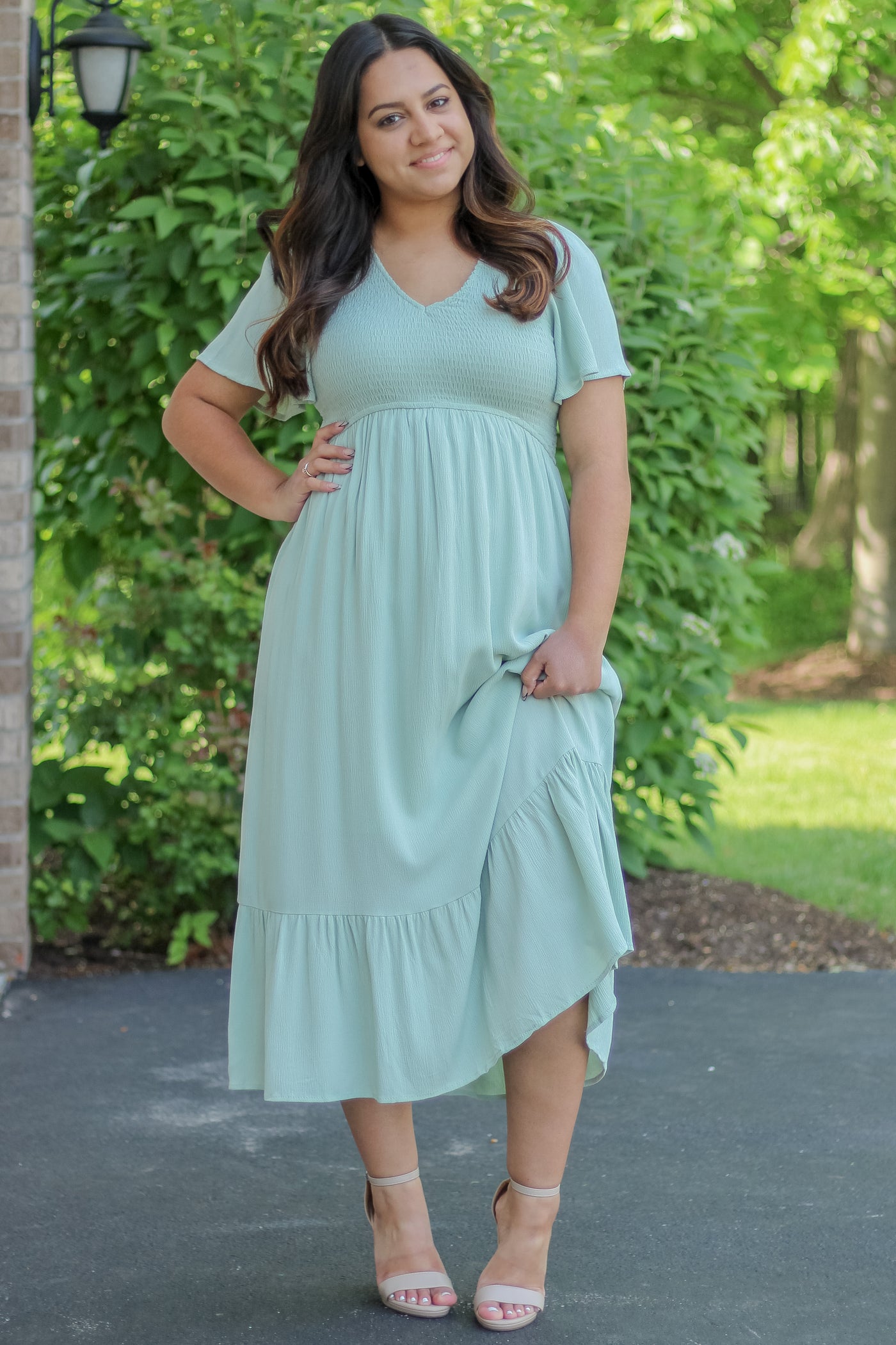 The Ayla Smocked Maxi Dress in Sage