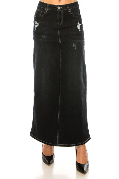 Vydia Distressed Long Denim Skirt in BLK