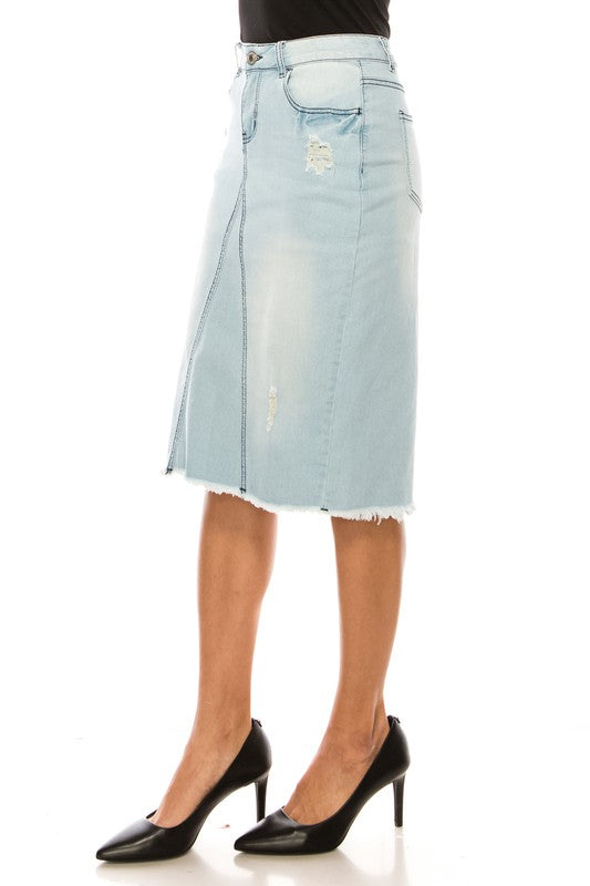 Brenna Distressed Denim Skirt in Lt. Wash