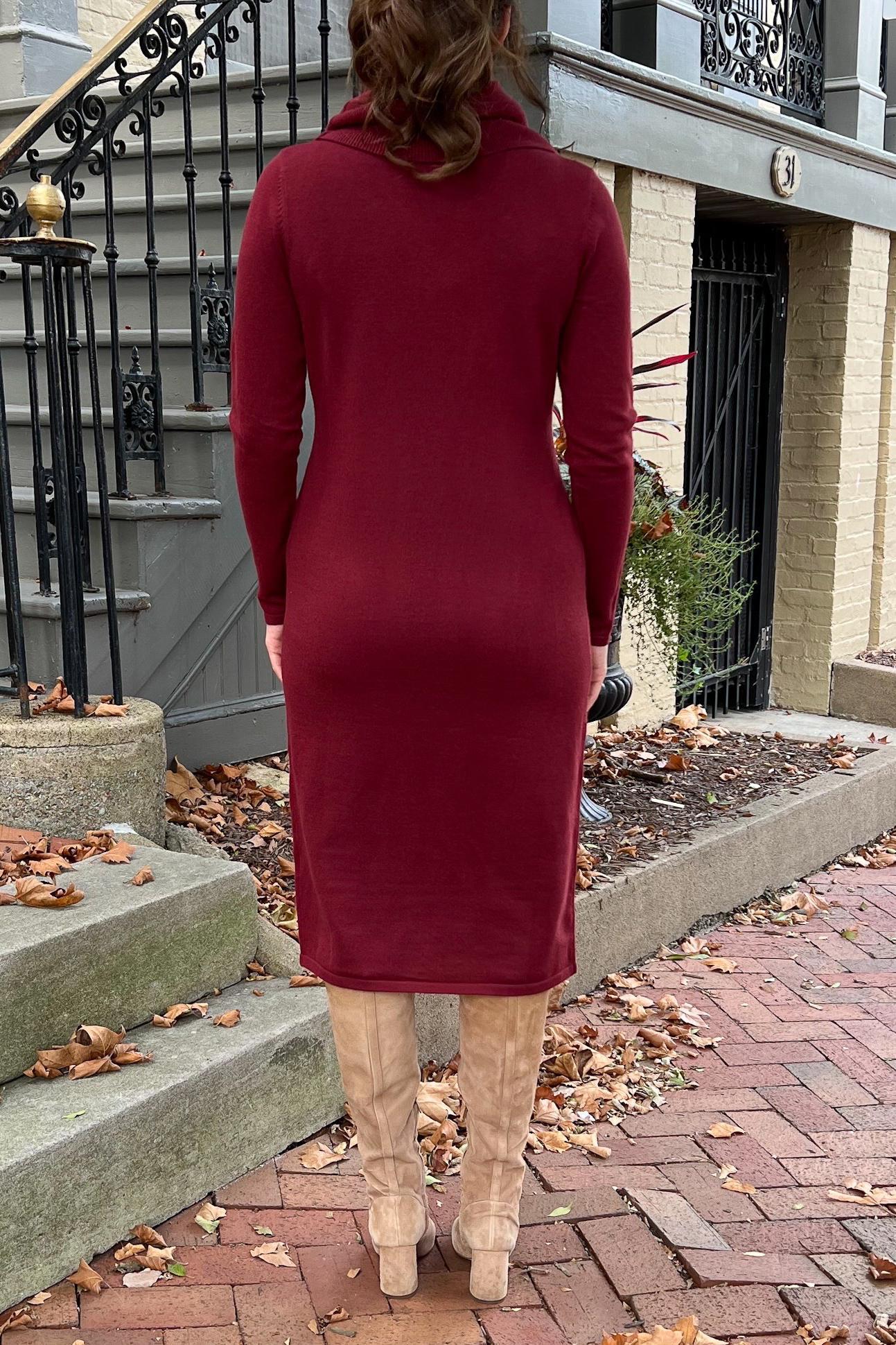 THE EMERY COWL NECK SWEATER DRESS IN BURGUNDY