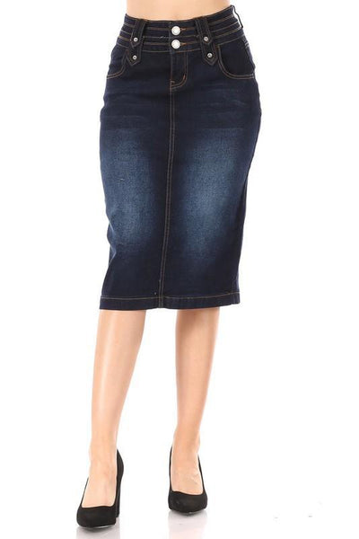 Wren Button-Up Denim Skirt in Dk. Indigo