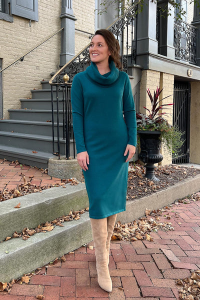 THE EMERY COWL NECK SWEATER DRESS IN EMERALD
