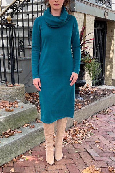 THE EMERY COWL NECK SWEATER DRESS IN EMERALD