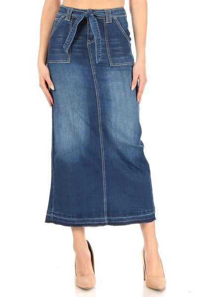 Front Belted Long Denim Skirt (Indigo) - FINAL SALE