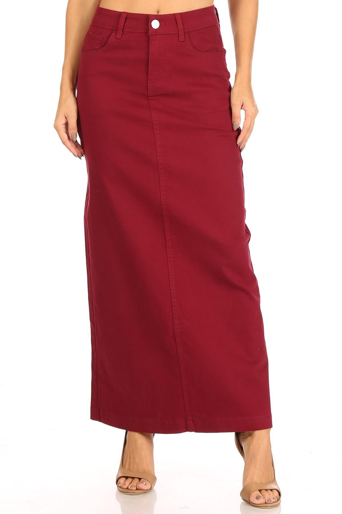 Ava Long Color Denim Skirt (Wine)