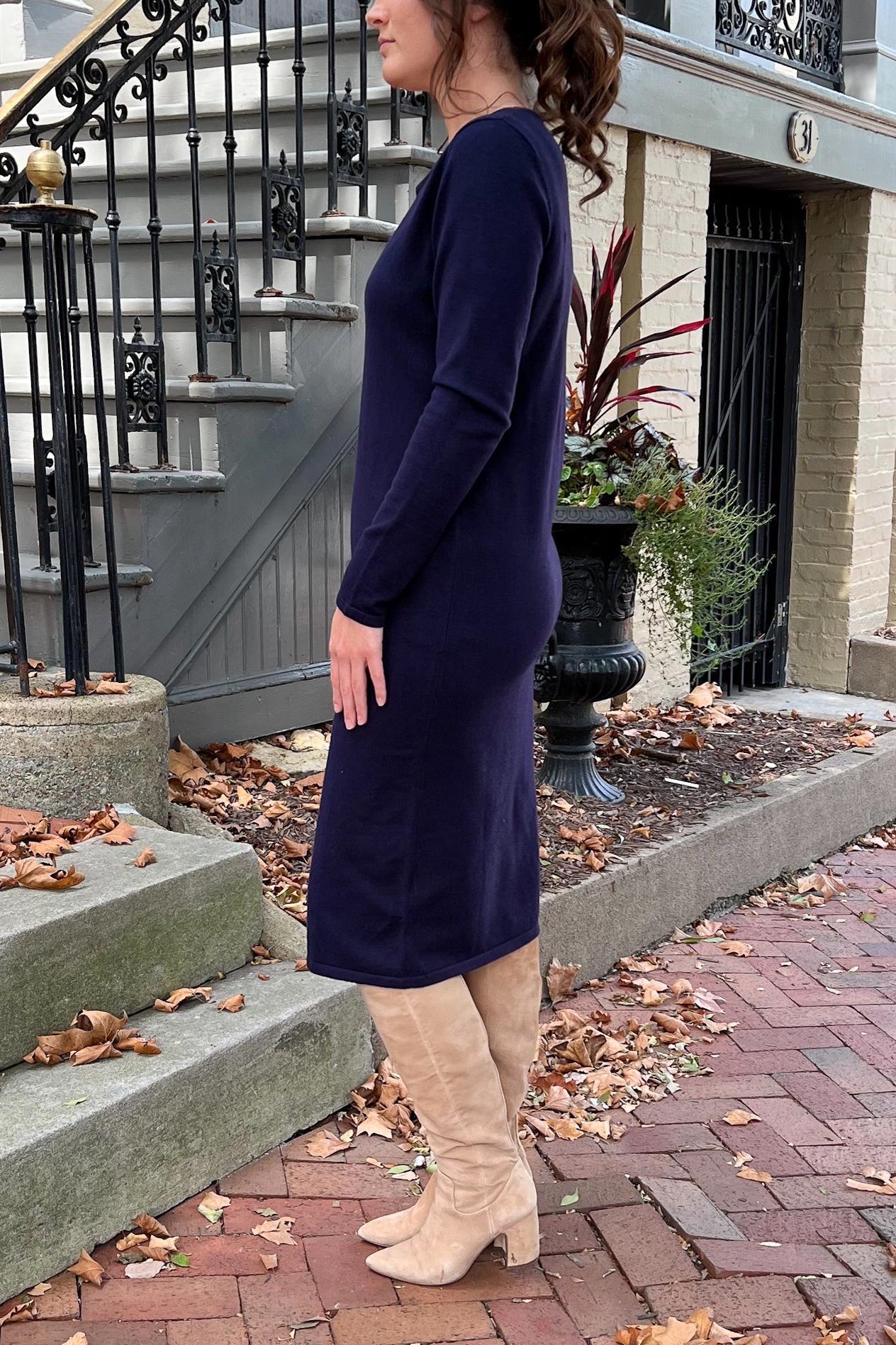 THE QUINN EVERYDAY SCOOP NECK SWEATER DRESS IN NAVY
