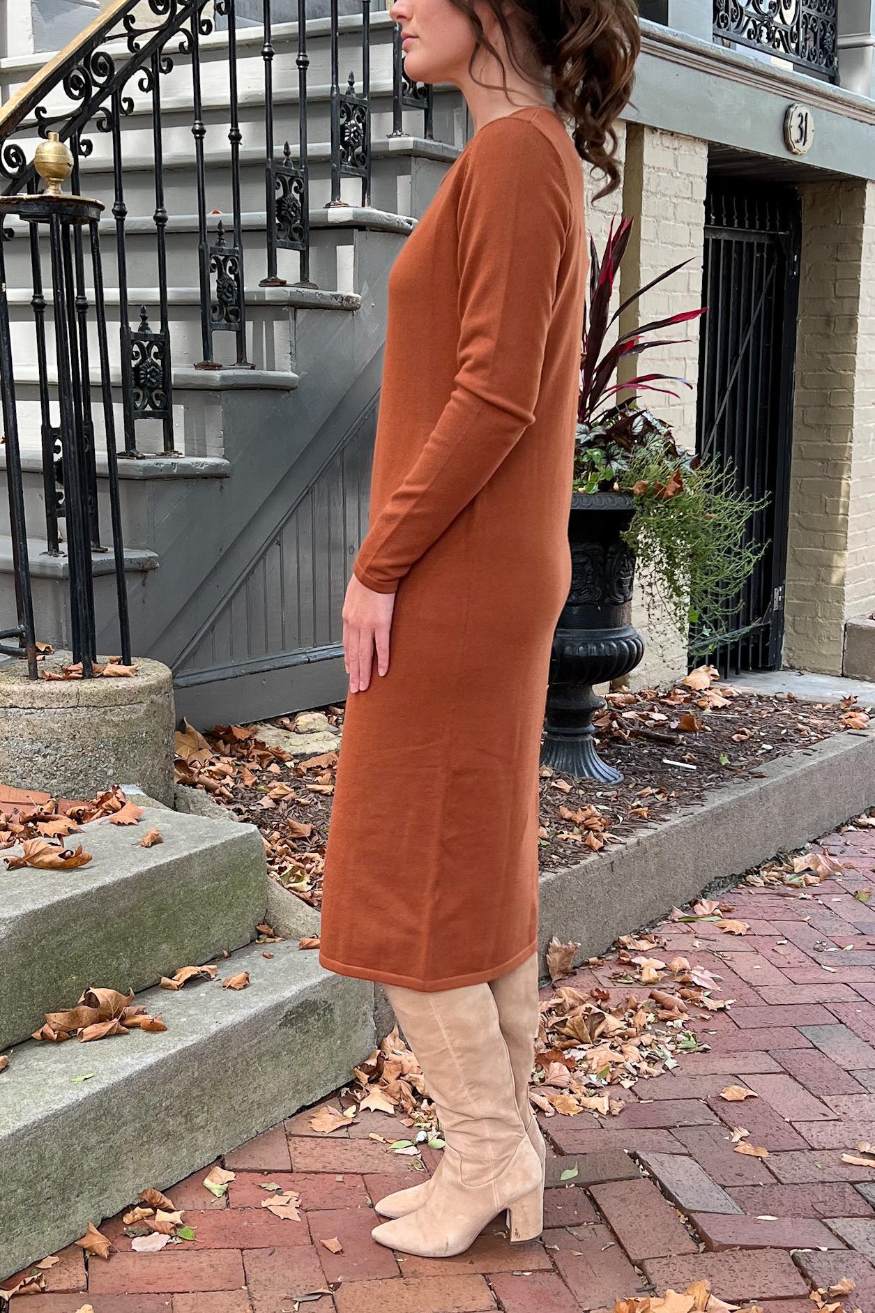 THE QUINN EVERYDAY SCOOP NECK SWEATER DRESS IN TERRACOTTA