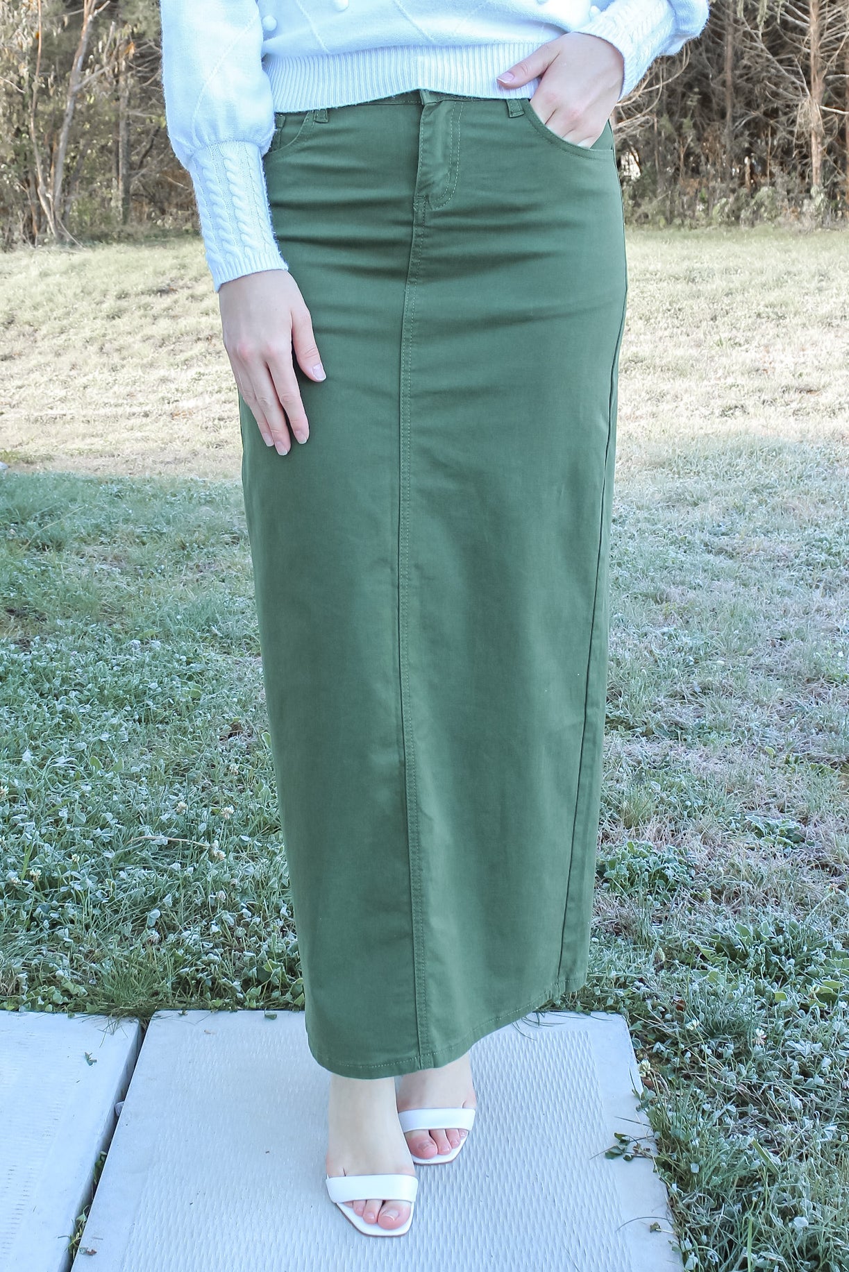 Stella Olive Green Long Denim Maxi Skirt (FINAL SALE)