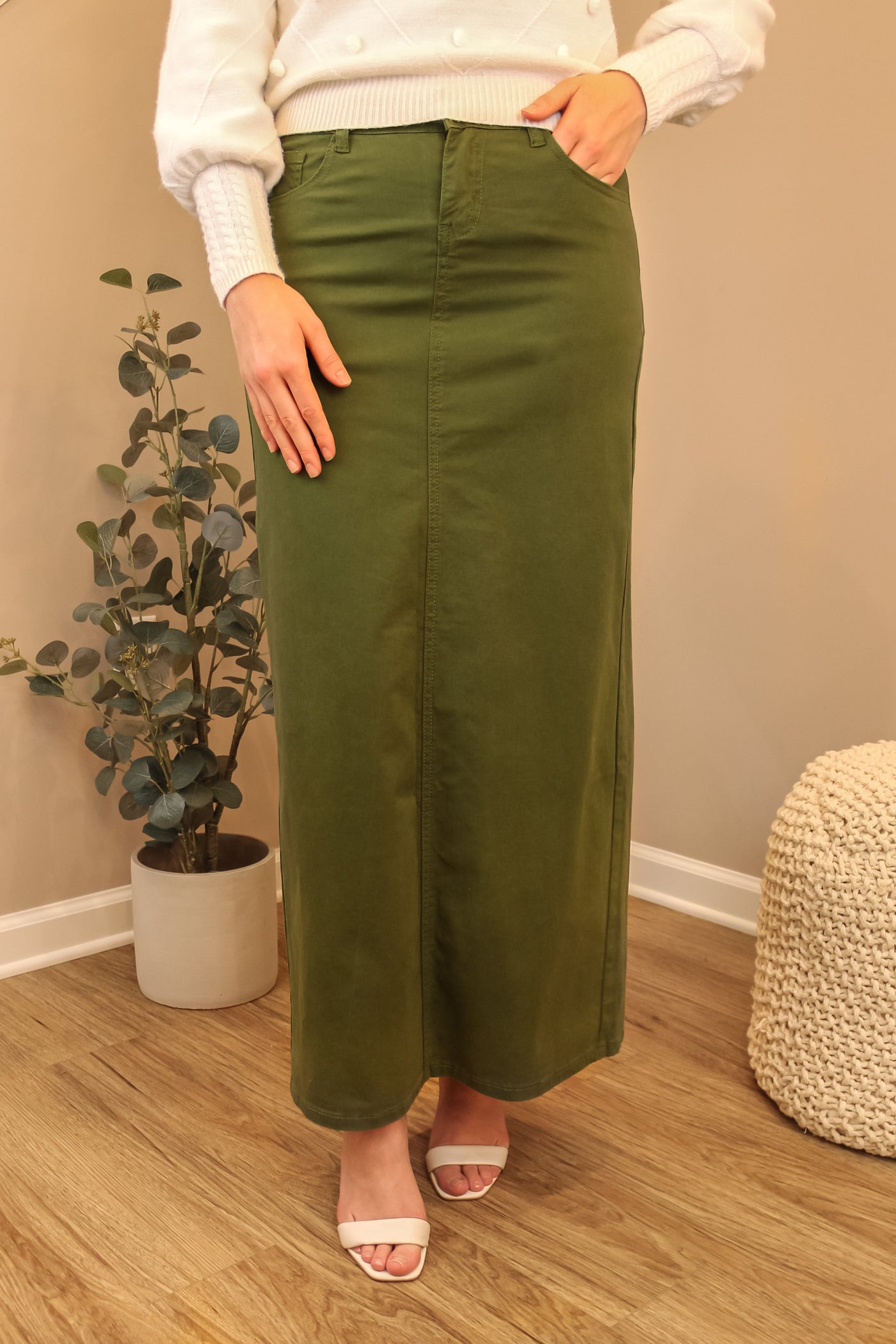 Stella Olive Green Long Denim Maxi Skirt (FINAL SALE)