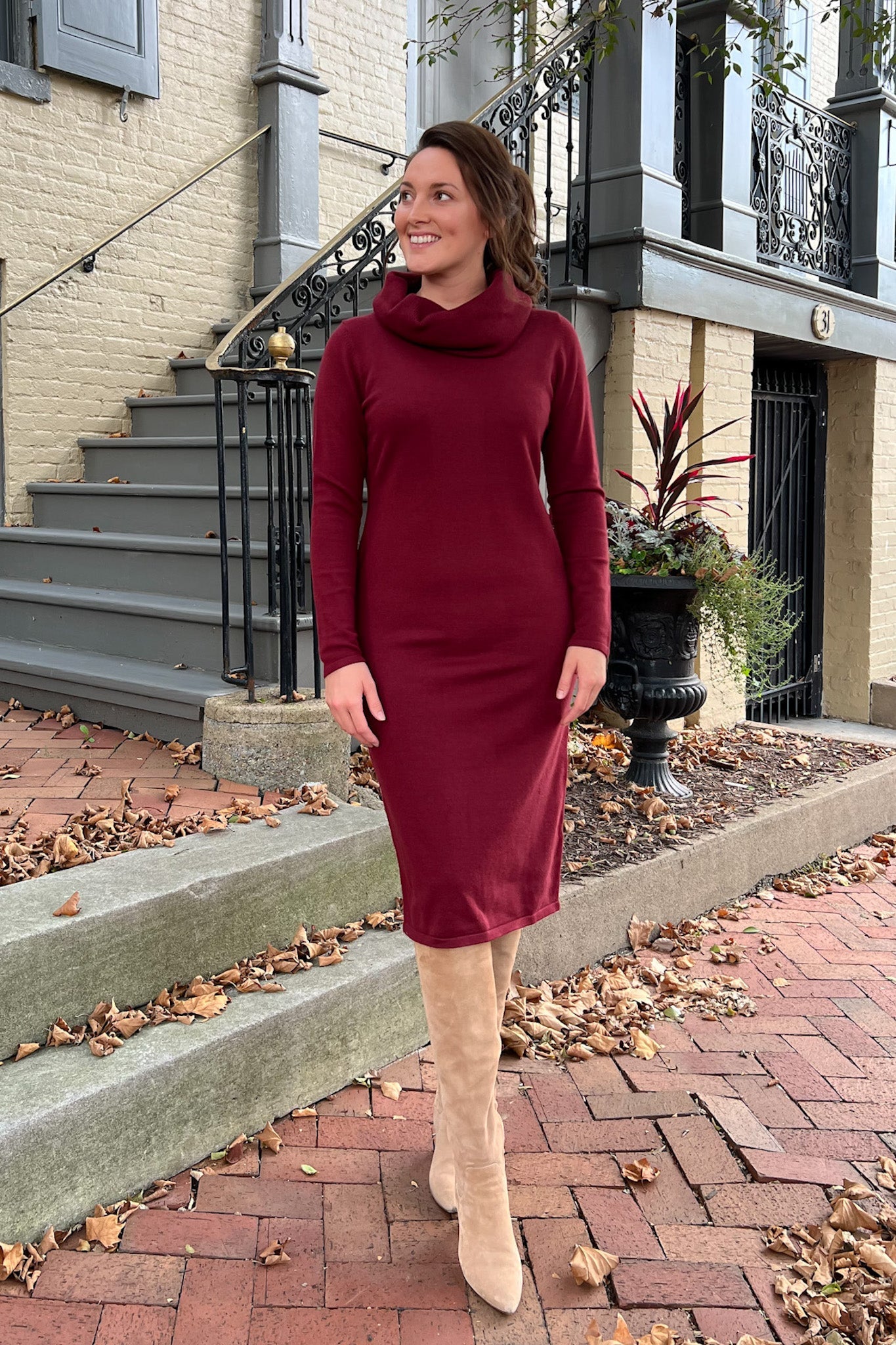 THE EMERY COWL NECK SWEATER DRESS IN BURGUNDY
